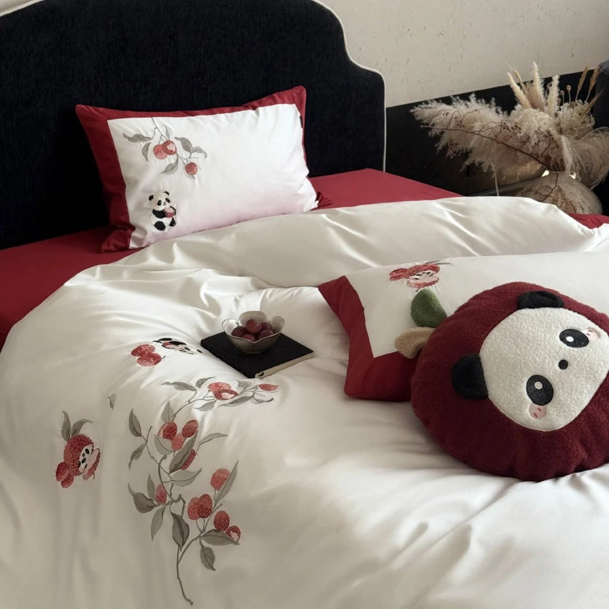 Bedding Set Cotton Satin Breathable Floral Embroidery & Panda Appliqués
