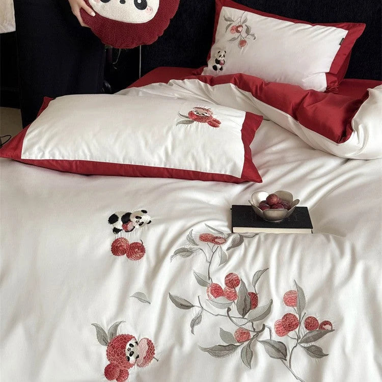 Bedding Set Cotton Satin Breathable Floral Embroidery & Panda Appliqués