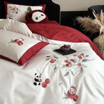 Bedding Set Cotton Satin Breathable Floral Embroidery & Panda Appliqués