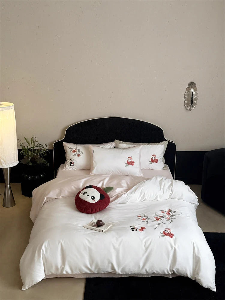 Bedding Set Cotton Satin Breathable Floral Embroidery & Panda Appliqués