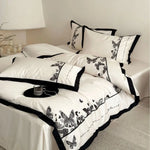 Bedding Set Cotton Satin Butterfly Embroidery Piped Edge