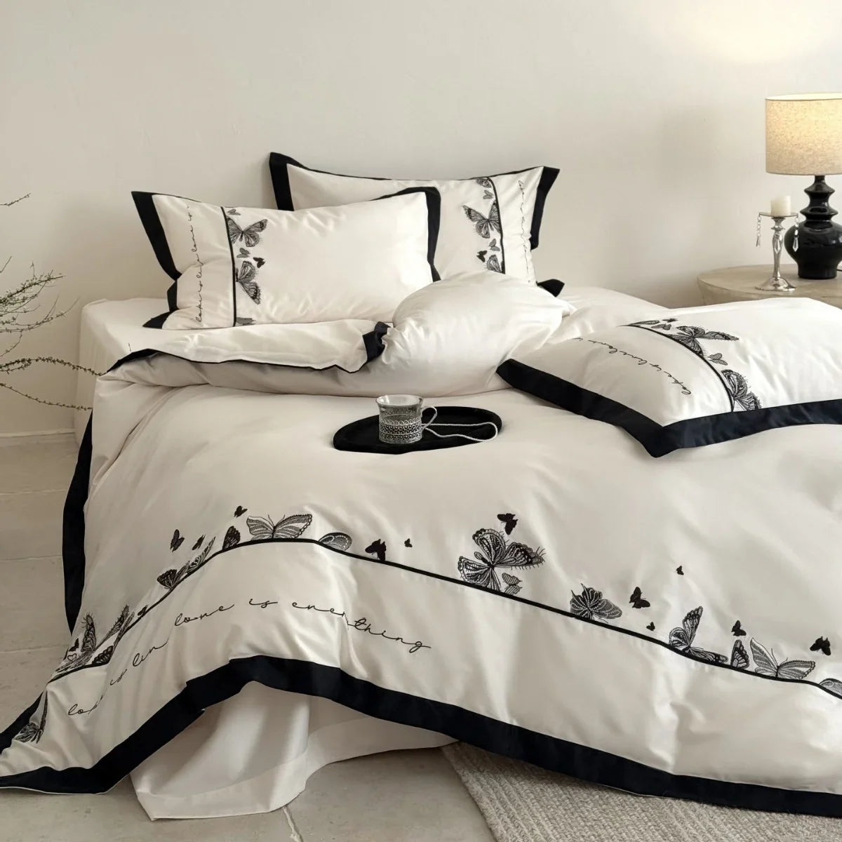 Bedding Set Cotton Satin Butterfly Embroidery Piped Edge