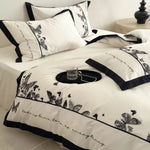 Bedding Set Cotton Satin Butterfly Embroidery Piped Edge