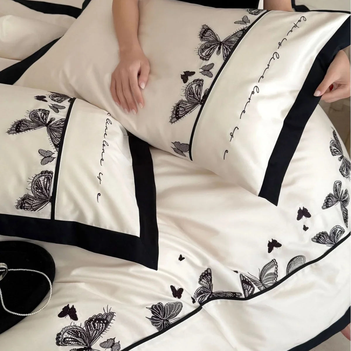 Bedding Set Cotton Satin Butterfly Embroidery Piped Edge