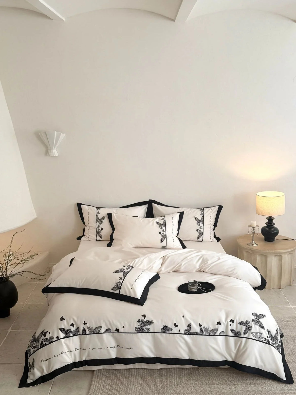 Bedding Set Cotton Satin Butterfly Embroidery Piped Edge