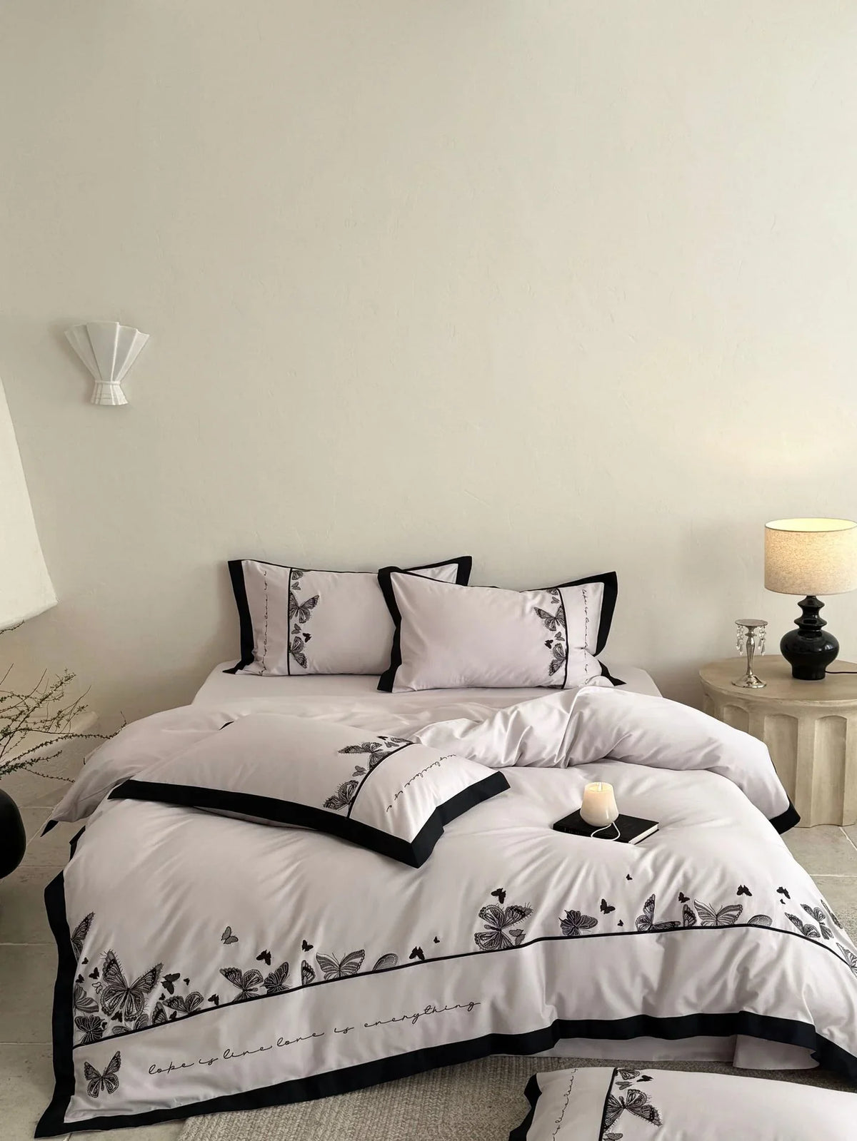 Bedding Set Cotton Satin Butterfly Embroidery Piped Edge