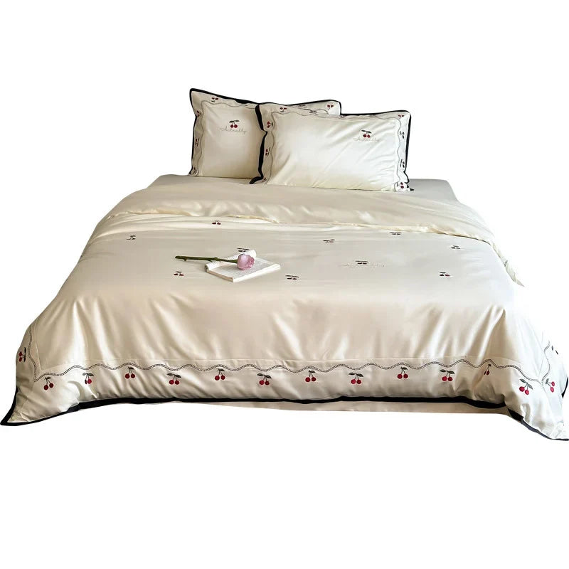 Bedding Set Cotton Satin Cherry Applique Set of 3