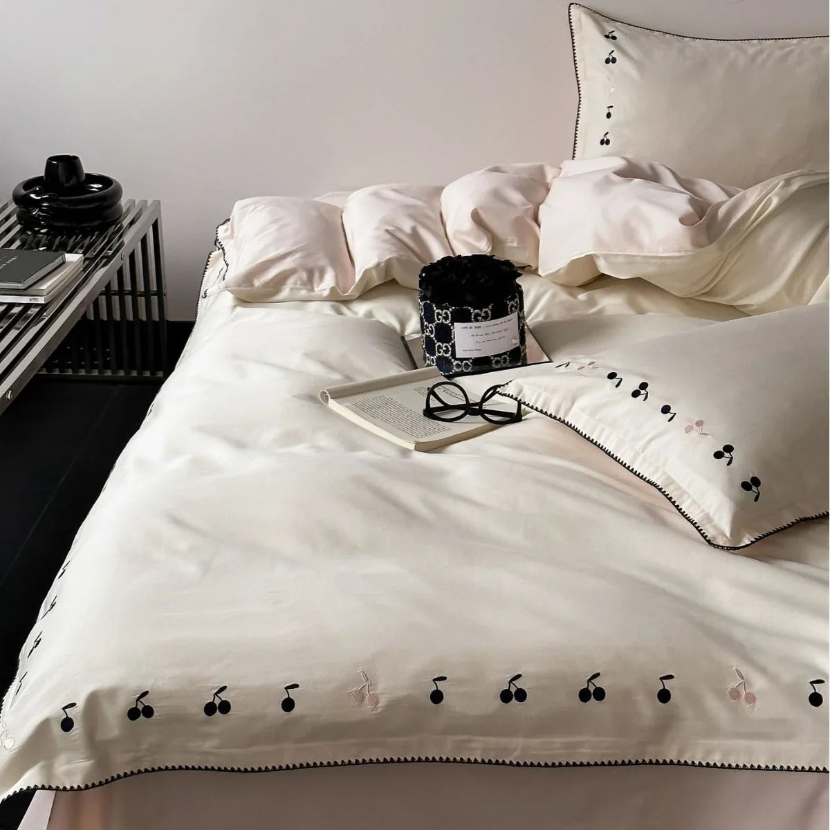 Bedding Set Cotton Satin Cherry Embroidery 4-Piece