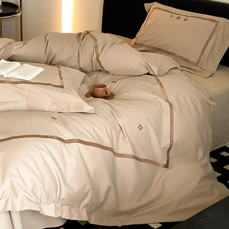 Bedding Set Cotton Satin Embroidered Border Concealed Zipper