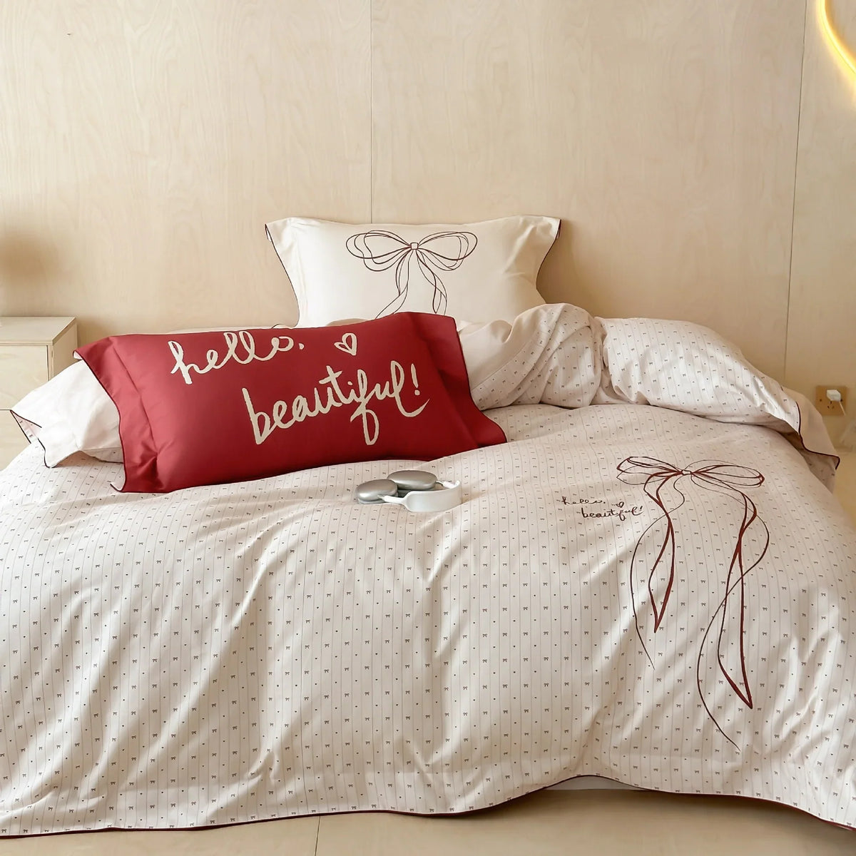 Bedding Set Cotton Satin Embroidered Bow Machine Washable