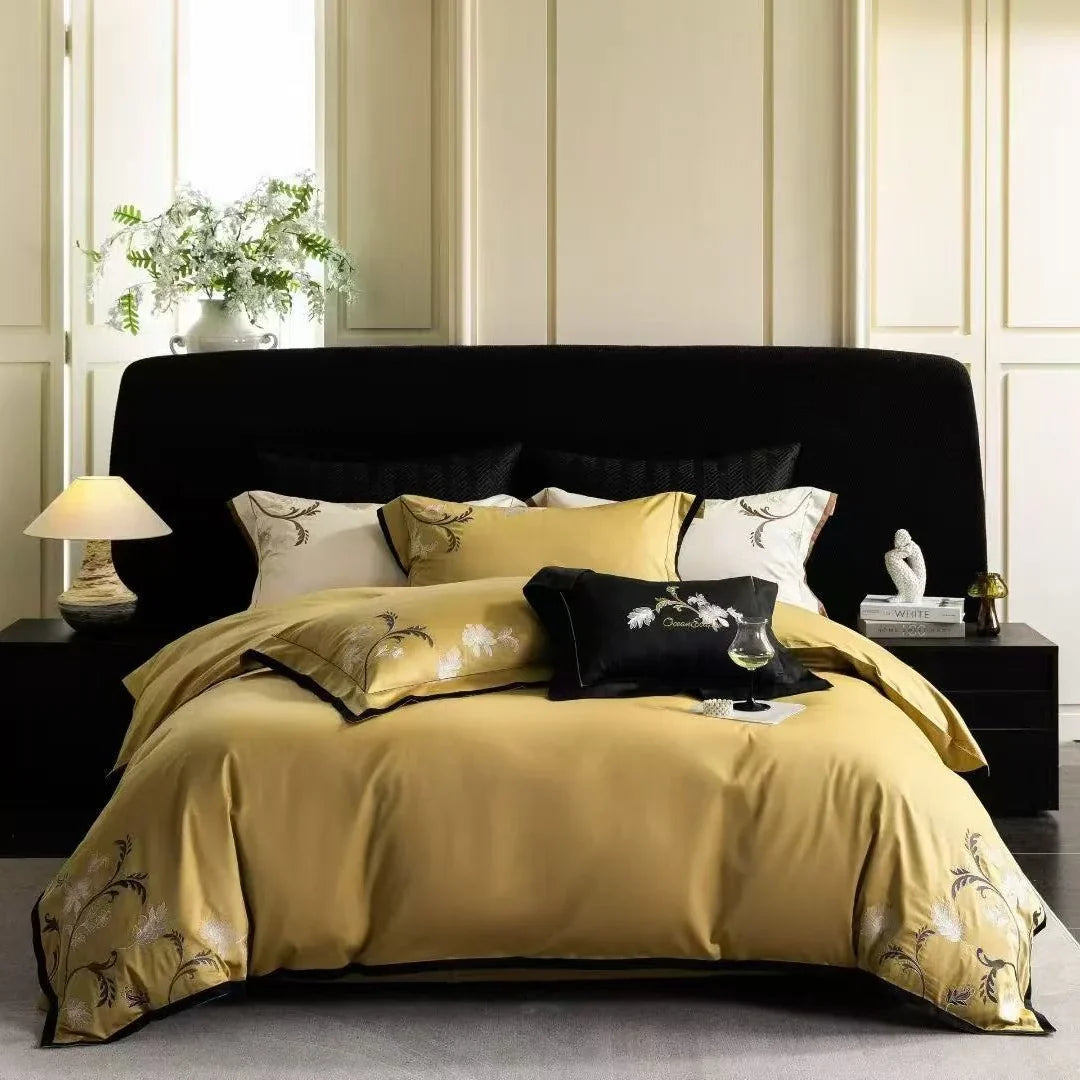 Bedding Set Cotton Satin Embroidered Floral & Contrast Piping