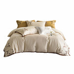 Bedding Set Cotton Satin Embroidered Floral & Contrast Piping