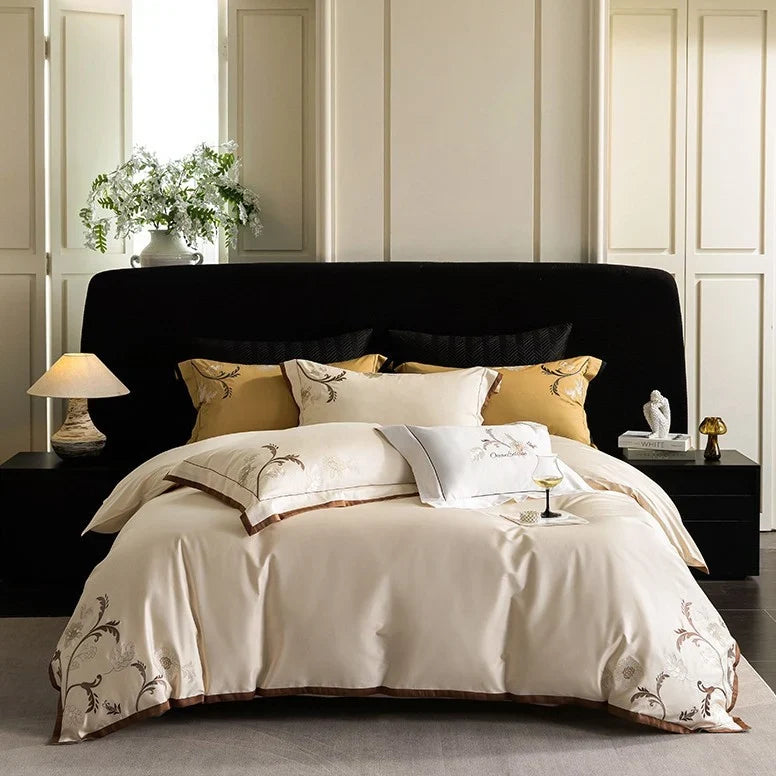 Bedding Set Cotton Satin Embroidered Floral & Contrast Piping