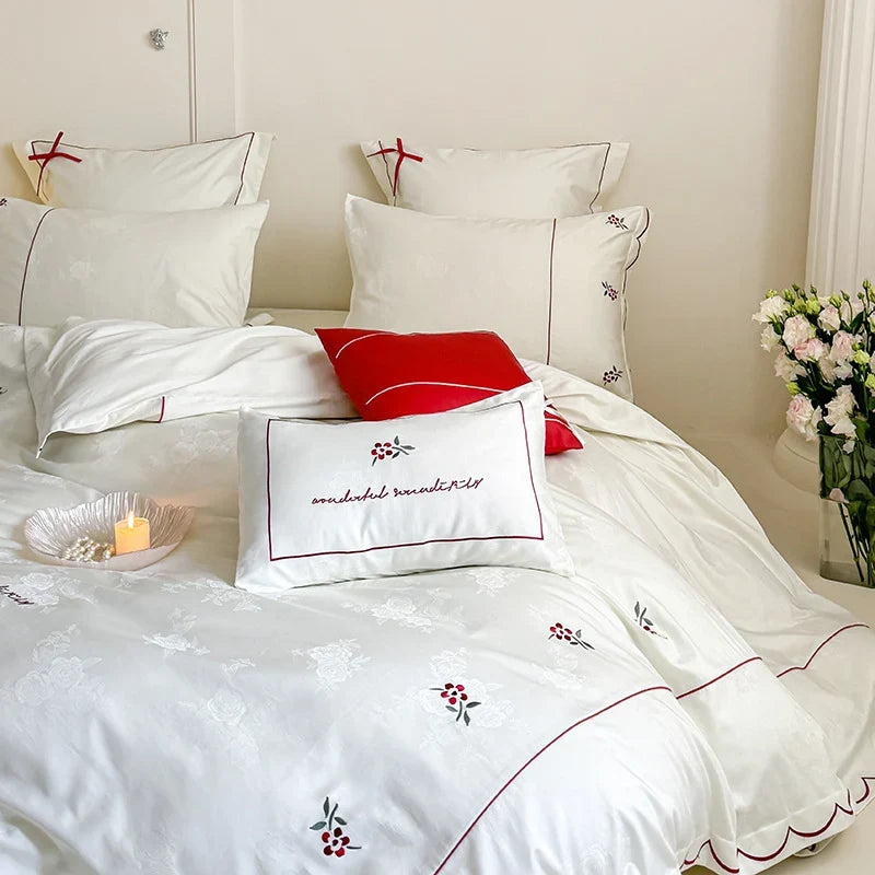Bedding Set Cotton Satin Embroidered & Piped 4-Piece