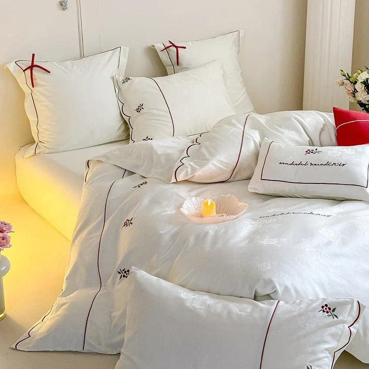 Bedding Set Cotton Satin Embroidered & Piped 4-Piece