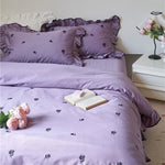 Bedding Set Cotton Satin Embroidered Rose & Ruffle Trim