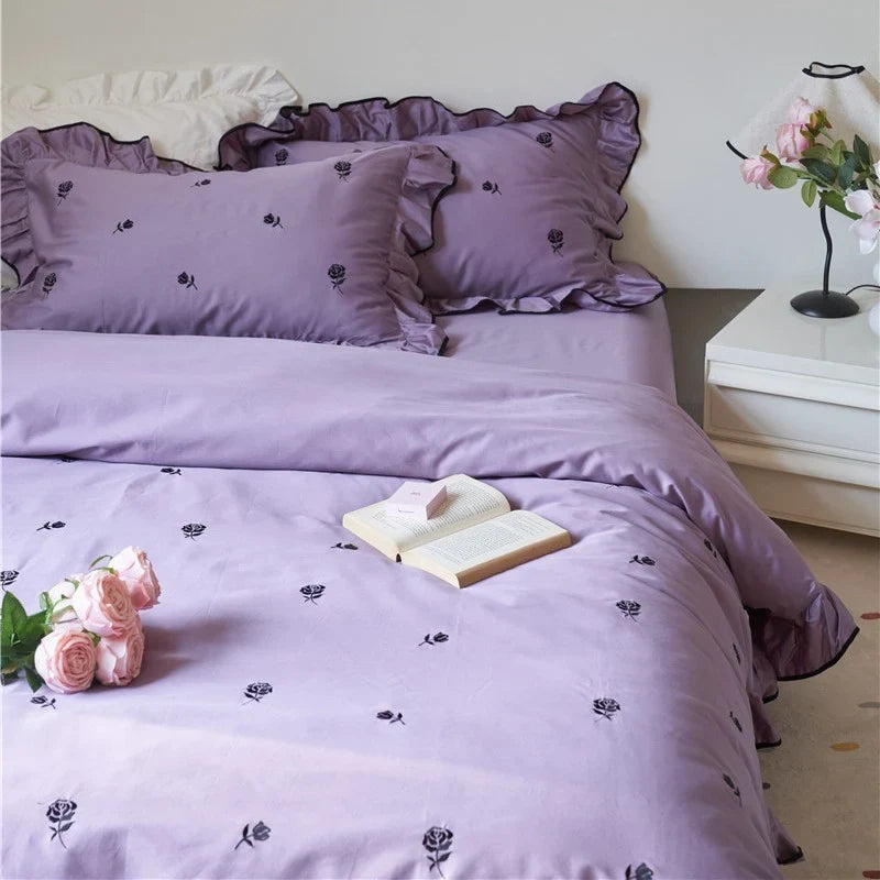 Bedding Set Cotton Satin Embroidered Rose & Ruffle Trim