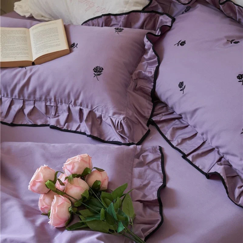 Bedding Set Cotton Satin Embroidered Rose & Ruffle Trim