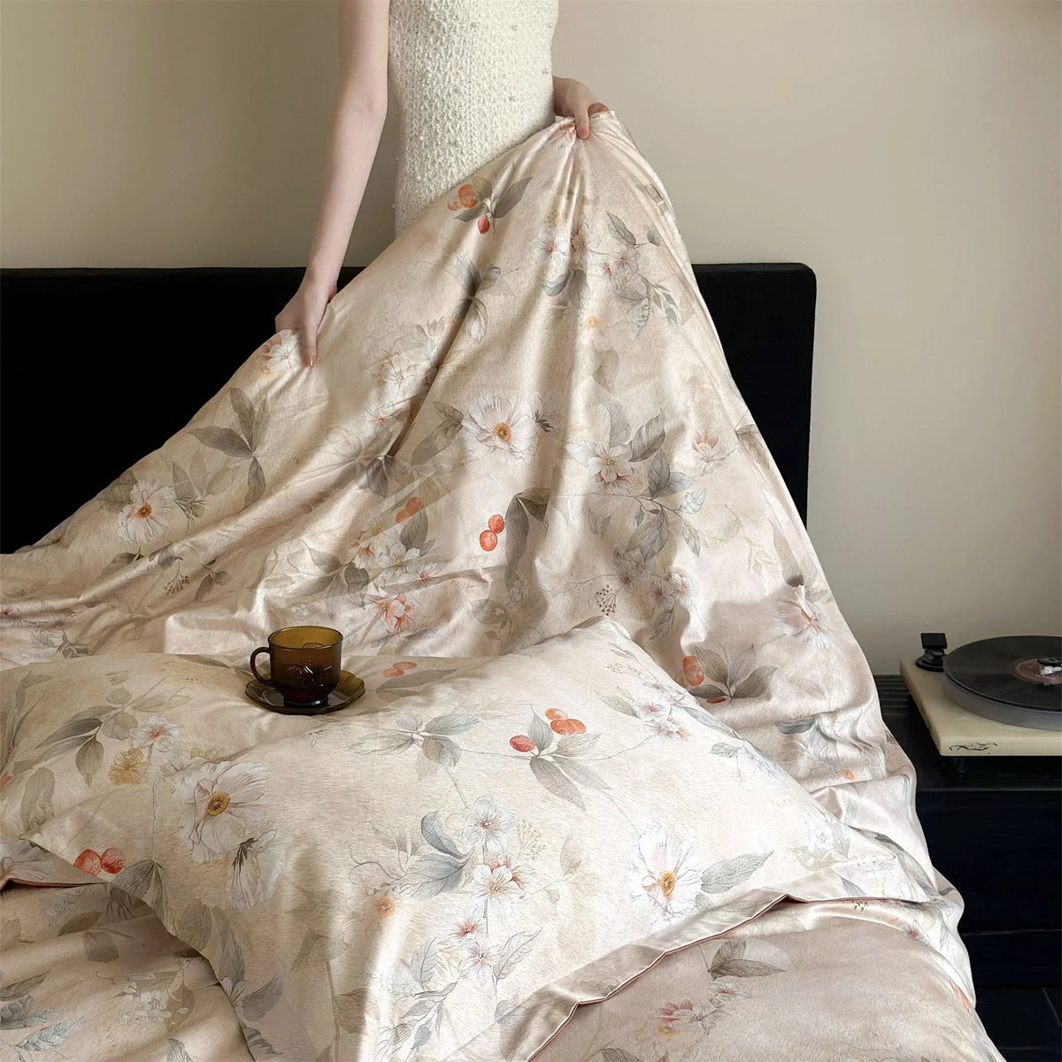 Bedding Set Cotton Satin Floral Concealed Zipper