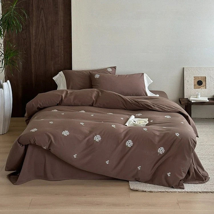 Bedding Set Cotton Satin Floral Embroidery 4-Piece