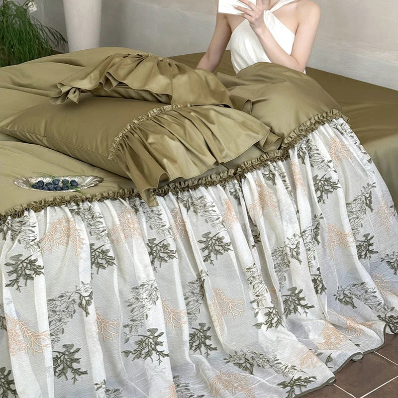 Bedding Set Cotton Satin Floral Embroidery 4-Piece Set