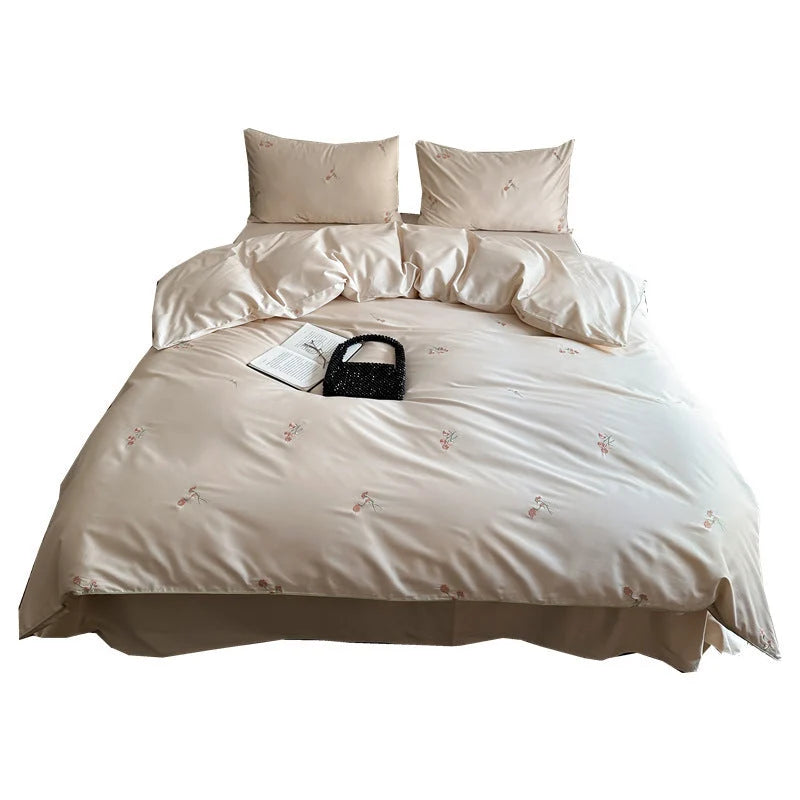Bedding Set Cotton Satin Floral Embroidery 4-Piece Set