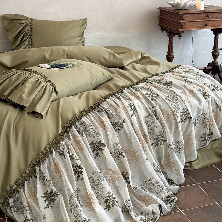 Bedding Set Cotton Satin Floral Embroidery 4-Piece Set