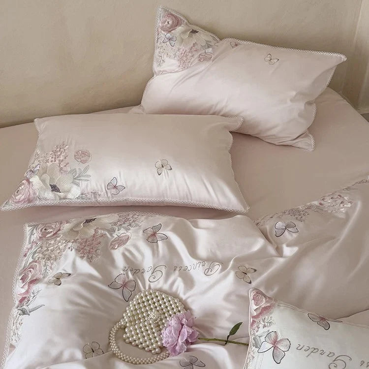 Bedding Set Cotton Satin Floral Embroidery & Lace 4-Piece