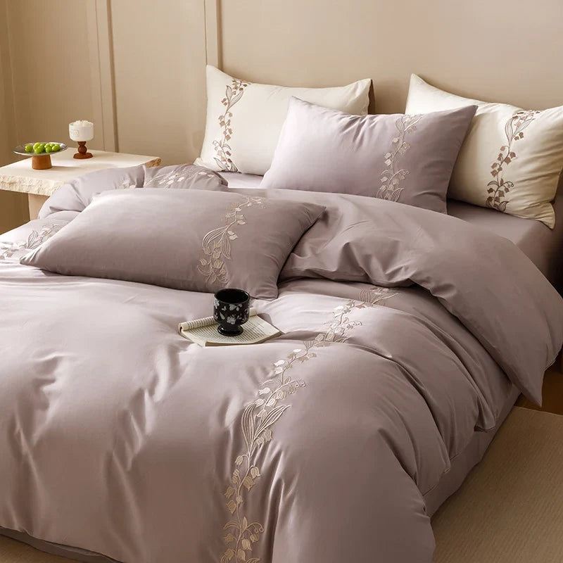 Bedding Set Cotton Satin Floral Embroidery Machine Washable