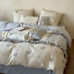Bedding Set Cotton Satin Floral Embroidery Ruffle Trim 4-Piece