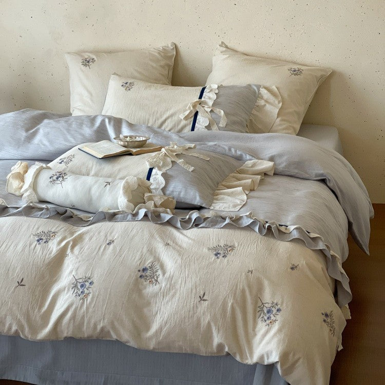 Bedding Set Cotton Satin Floral Embroidery Ruffle Trim 4-Piece
