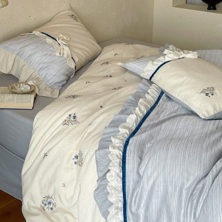Bedding Set Cotton Satin Floral Embroidery Ruffle Trim 4-Piece