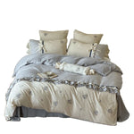 Bedding Set Cotton Satin Floral Embroidery Ruffle Trim 4-Piece