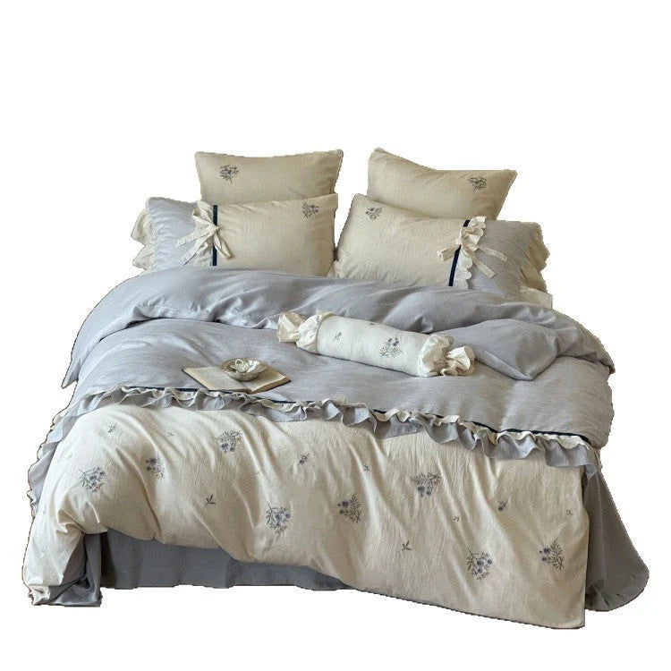Bedding Set Cotton Satin Floral Embroidery Ruffle Trim 4-Piece