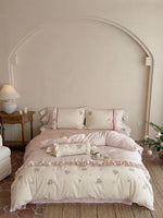 Bedding Set Cotton Satin Floral Embroidery Ruffle Trim 4-Piece