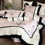 Bedding Set Cotton Satin Floral Embroidery Ruffle Trim 4-Piece Set