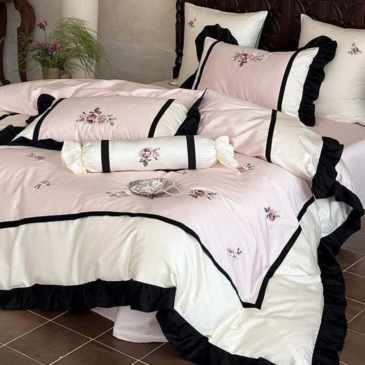 Bedding Set Cotton Satin Floral Embroidery Ruffle Trim 4-Piece Set