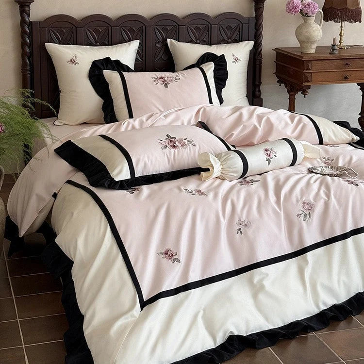 Bedding Set Cotton Satin Floral Embroidery Ruffle Trim 4-Piece Set