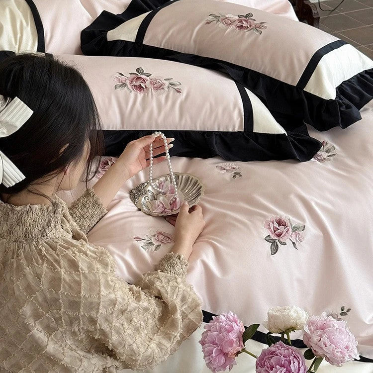 Bedding Set Cotton Satin Floral Embroidery Ruffle Trim 4-Piece Set