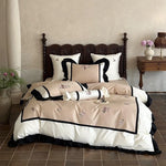 Bedding Set Cotton Satin Floral Embroidery Ruffle Trim 4-Piece Set