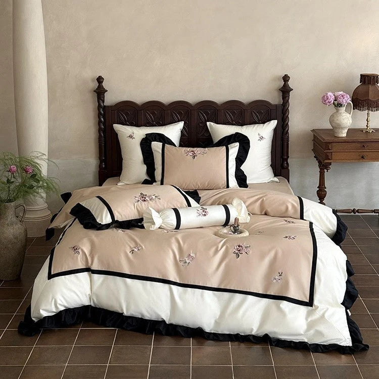 Bedding Set Cotton Satin Floral Embroidery Ruffle Trim 4-Piece Set