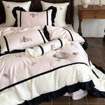 Bedding Set Cotton Satin Floral Embroidery Ruffle Trim 4-Piece Set