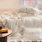 Bedding Set Cotton Satin Floral Embroidery & Ruffle Trim