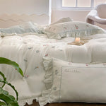 Bedding Set Cotton Satin Floral Embroidery & Ruffle Trim