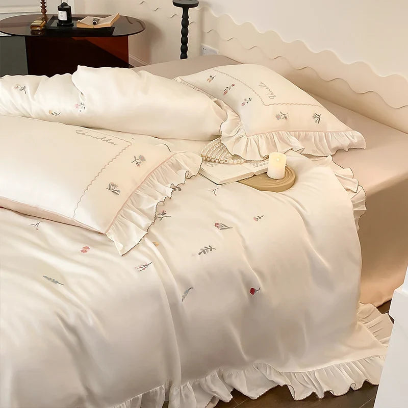 Bedding Set Cotton Satin Floral Embroidery & Ruffle Trim