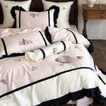 Bedding Set Cotton Satin Floral Embroidery & Ruffles 4-Piece