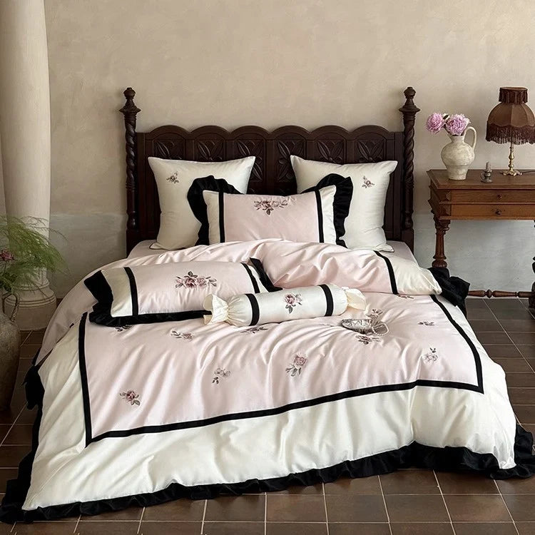 Bedding Set Cotton Satin Floral Embroidery & Ruffles 4-Piece