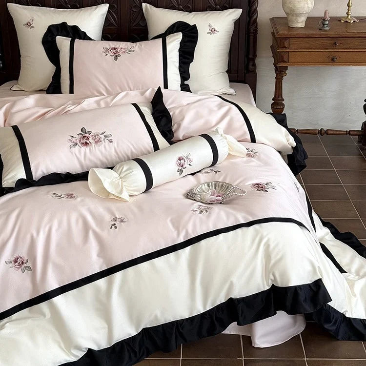 Bedding Set Cotton Satin Floral Embroidery & Ruffles 4-Piece