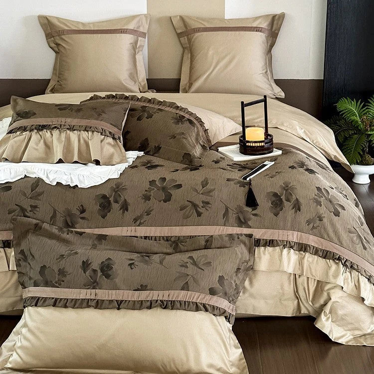 Bedding Set Cotton Satin Floral Jacquard Ruffle Trim 4-Piece