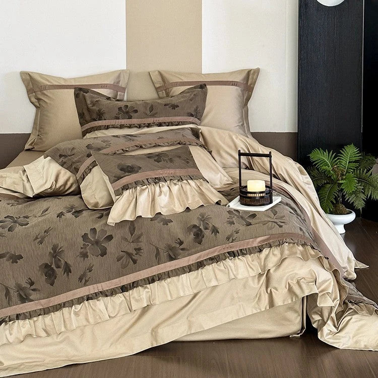 Bedding Set Cotton Satin Floral Jacquard Ruffle Trim 4-Piece